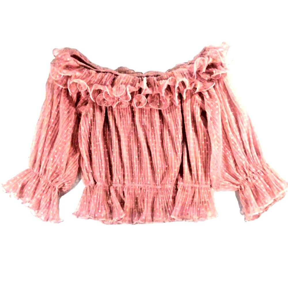 Feminine Romantic Dusty Rose Pink Polkadot Cropped Lantern sleeve Small Blouse